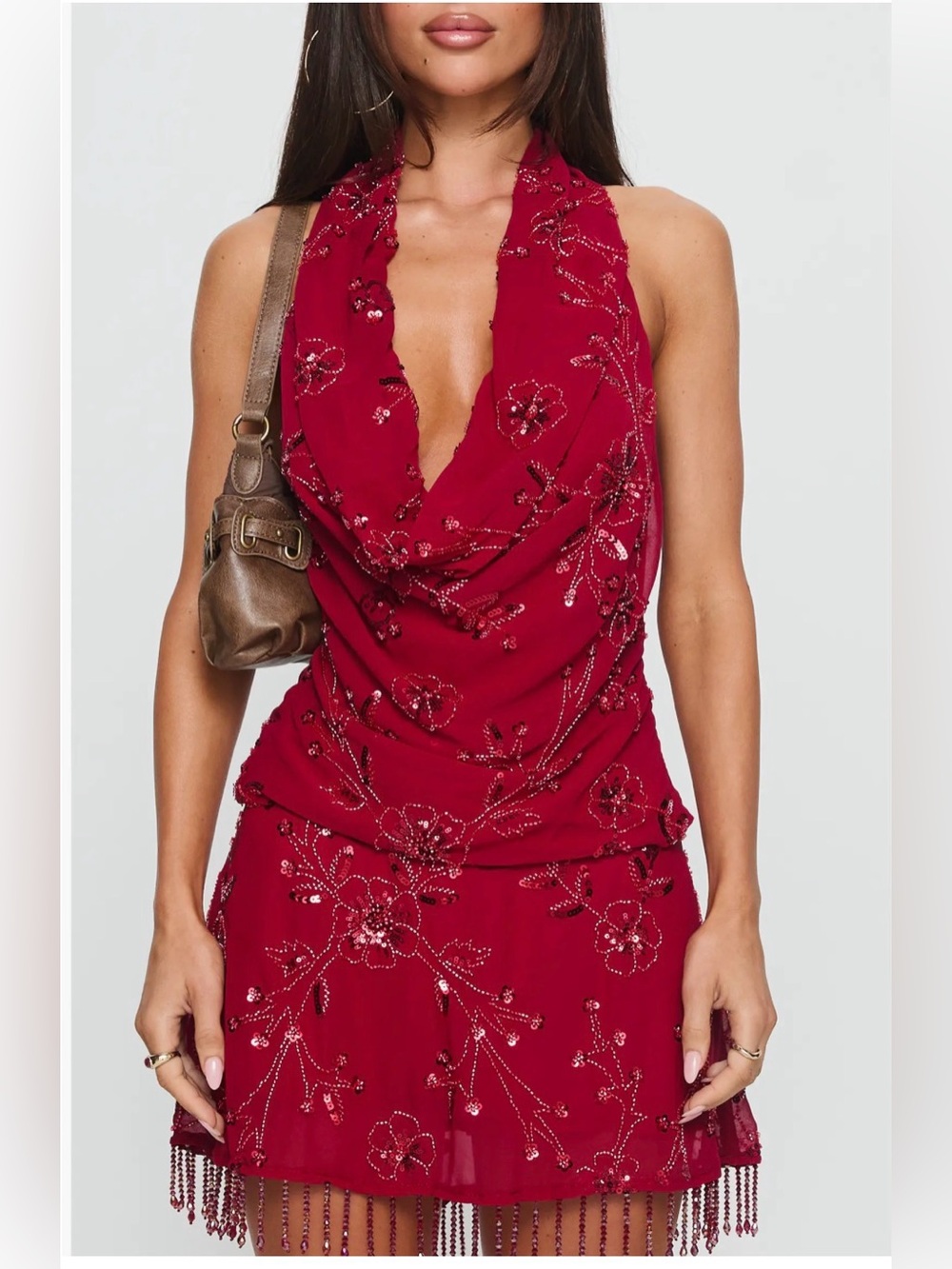 Princess Polly Red Twilight Zone Beaded Cowl Neck Top with skirt